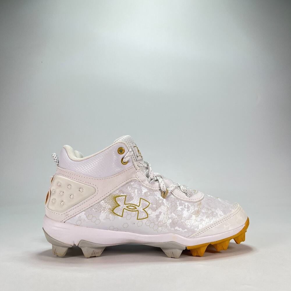 Under Armour Harper 8 Mid RM White Gold Baseball Cleats 3026597-100 Youth Sz 5Y